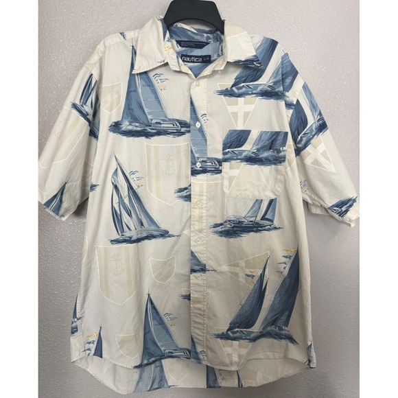 Vintage Nautica Shirt Mens Large Sailing All Over Print Button Up Short Sleeve - Picture 1 of 6